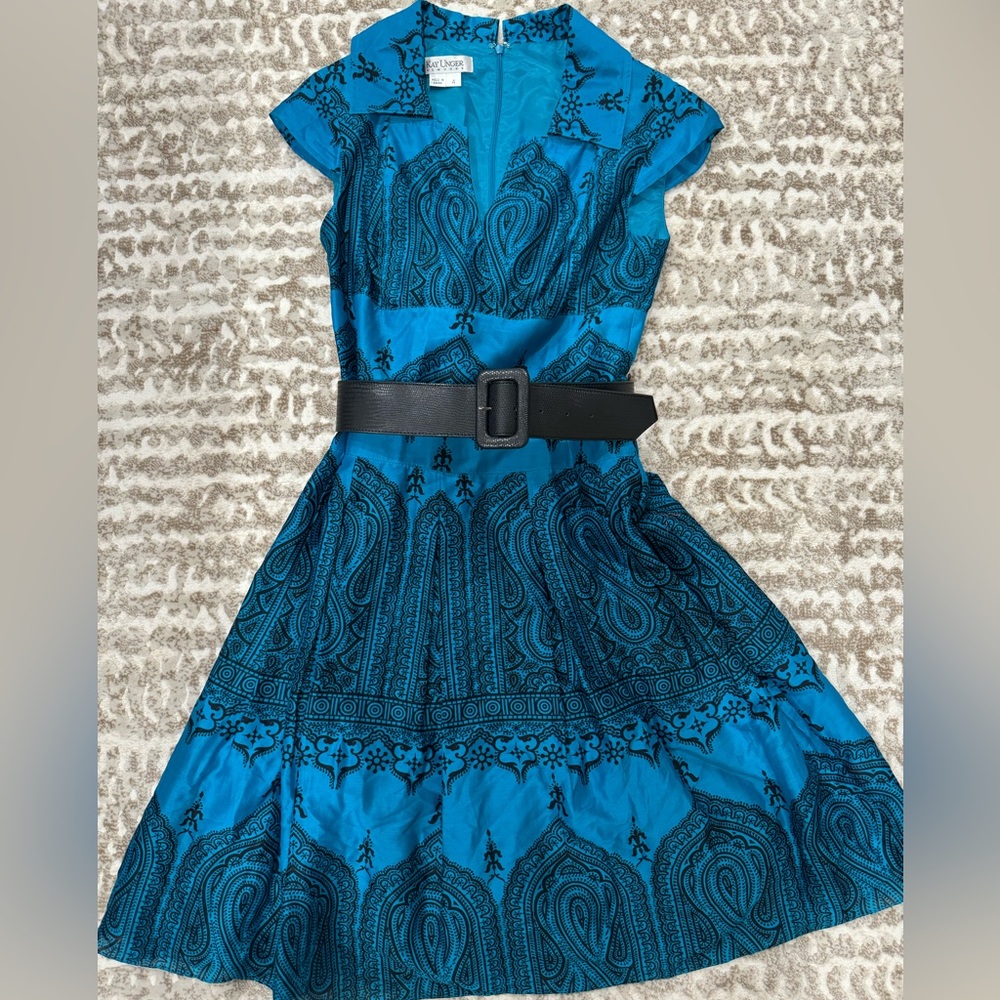 Vintage Kay Unger Blue with Black Pattern Dress with Belt